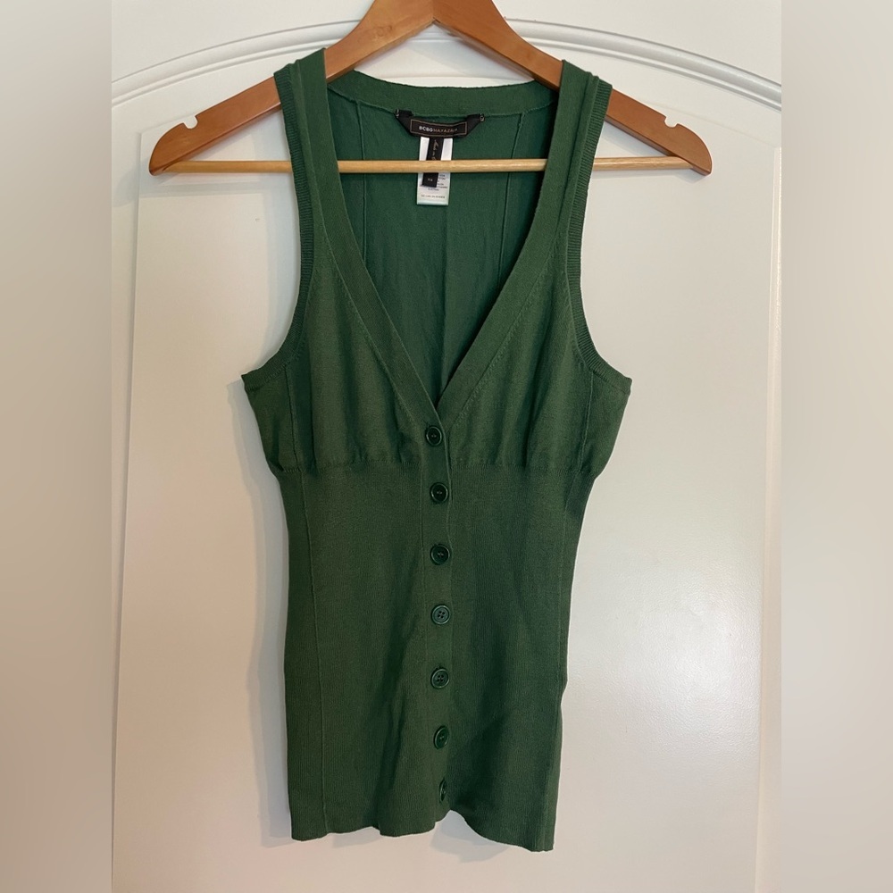 BCBGMaxAzria Dark Green Ribbed Button-Front Tank Size XS